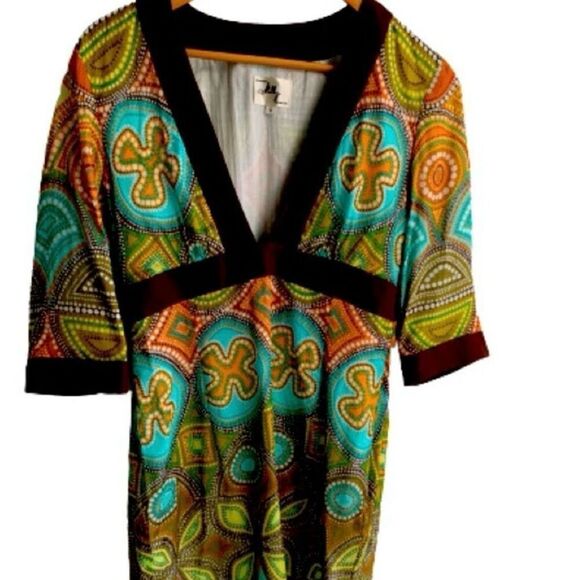 Milly Batik Style Dress Tunic Size 6 V-Neck Empire Waist Silk Trim - Picture 1 of 9